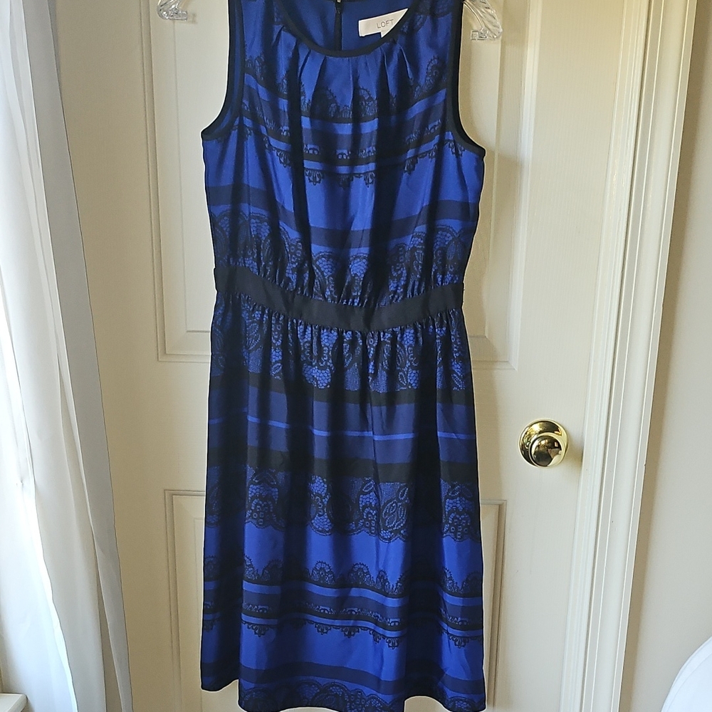 LOFT Blue and Black Lace Midi Dress